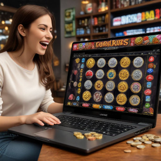 A person excitedly winning on their laptop, playing a Laris88 trusted slot game, with coins displayed.