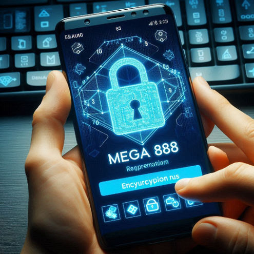 A user accessing Mega888 on a samsung smartphone with visible encryption symbols on the screen.