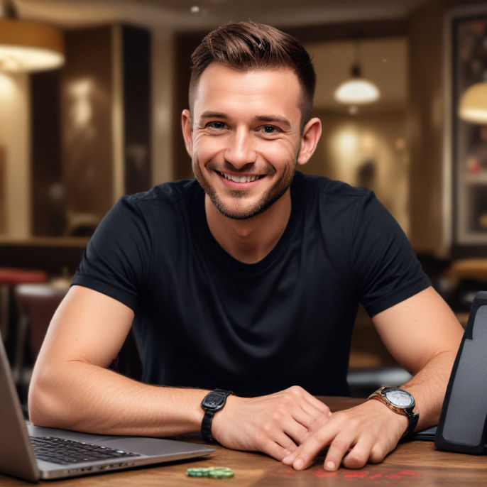A happy man sitting at a table with a laptop, smiling as he checks his latest leaderboard rank on Yesbet Casino Official Website, immersed in the competitive and social gaming experience.