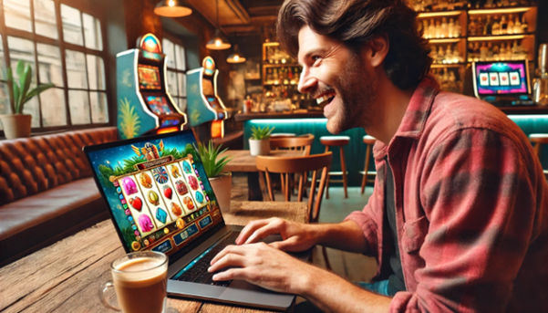 A man sits at a cozy café, engrossed in his laptop screen displaying Book of Ra Classic.