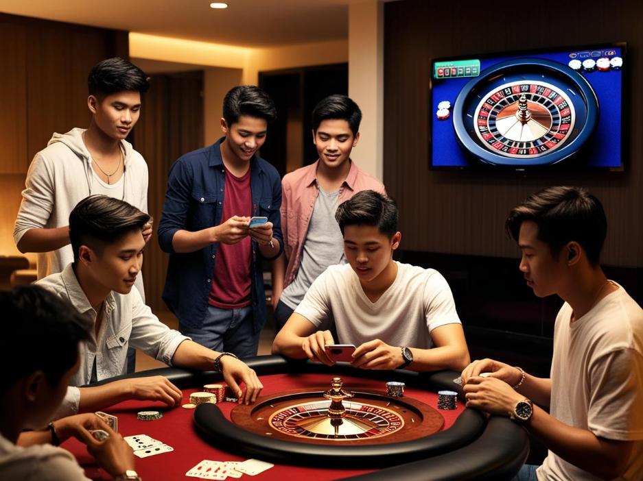 Young adults play card and betting games in cozy modern Malaysian-style apartment.
