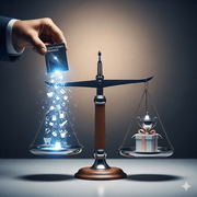 A hand is holding a "LOYALTY REWARDS" credit card over the left pan of a balanced scale, from which numerous glowing icons representing various goods and services are flowing. The right pan holds a wrapped gift box and a trophy, representing the perceived benefits.