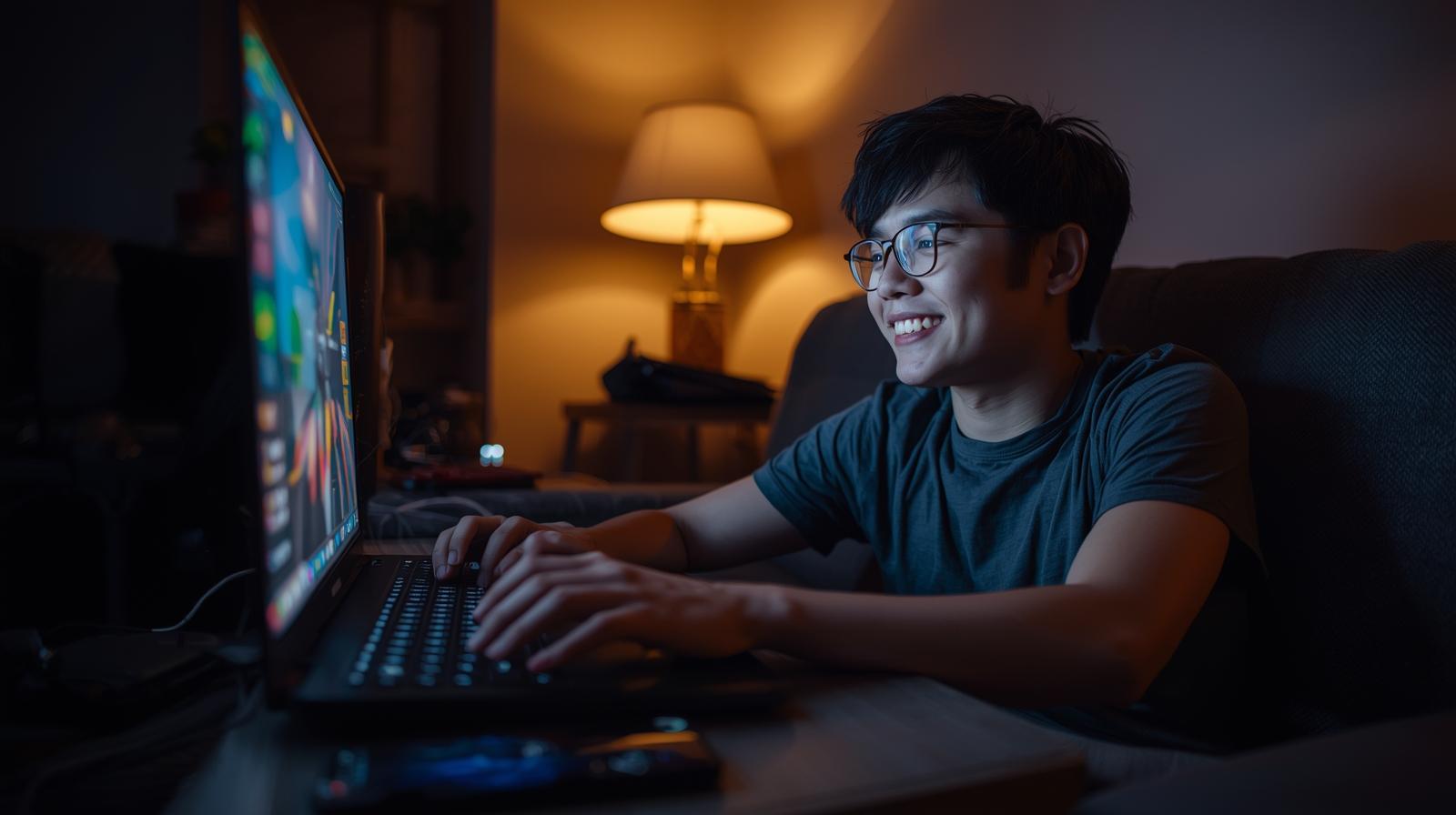 Young Malaysian gamer smiling while playing slots on laptop in cozy room.