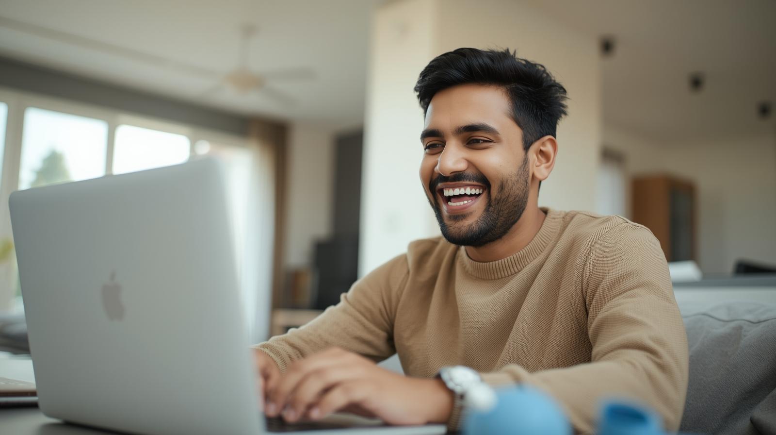 Joyful man celebrates casino win on laptop in bright, natural home setting.