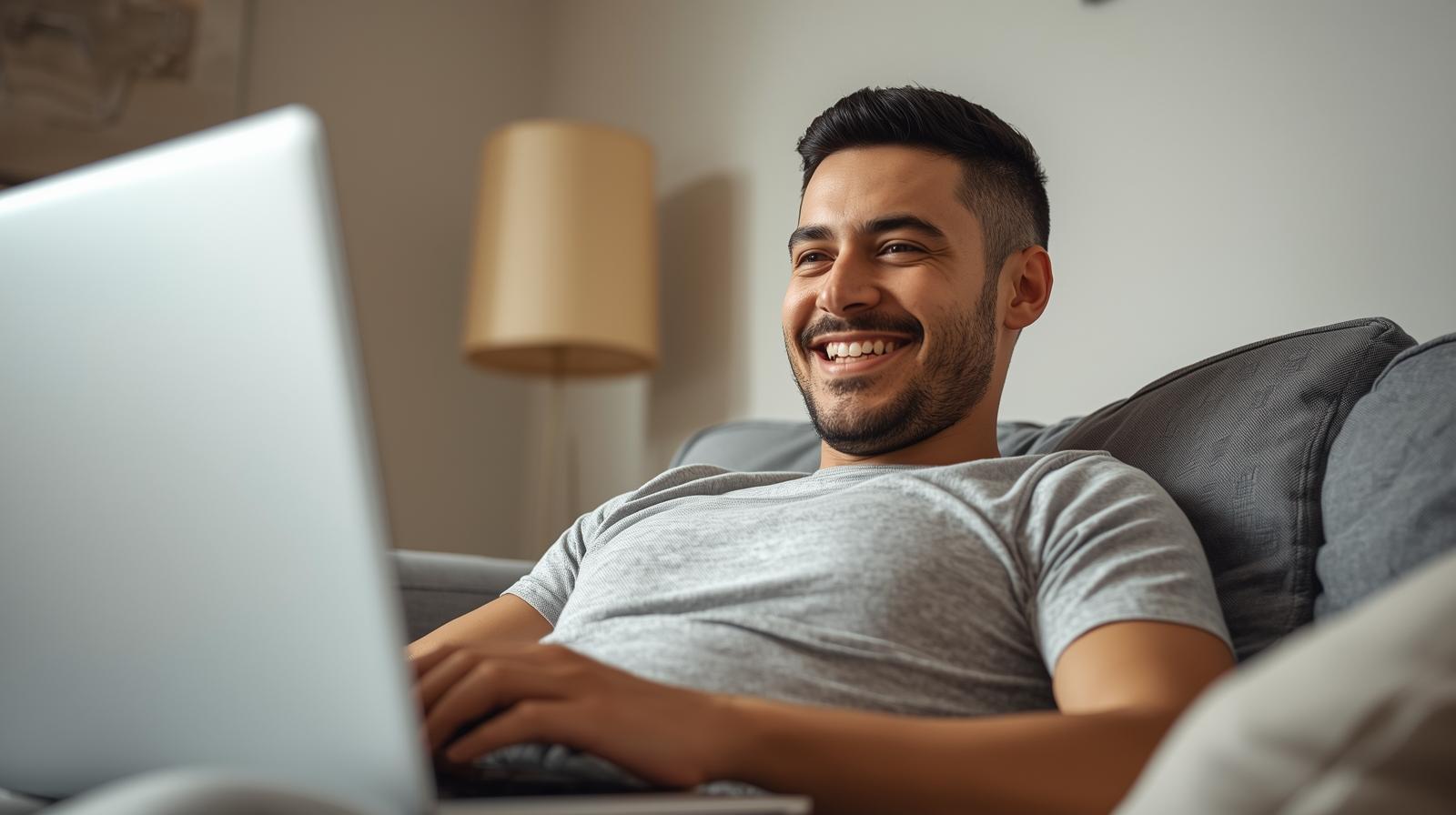Brazilian man smiling confidently at home, reflecting trust and satisfaction in online betting.