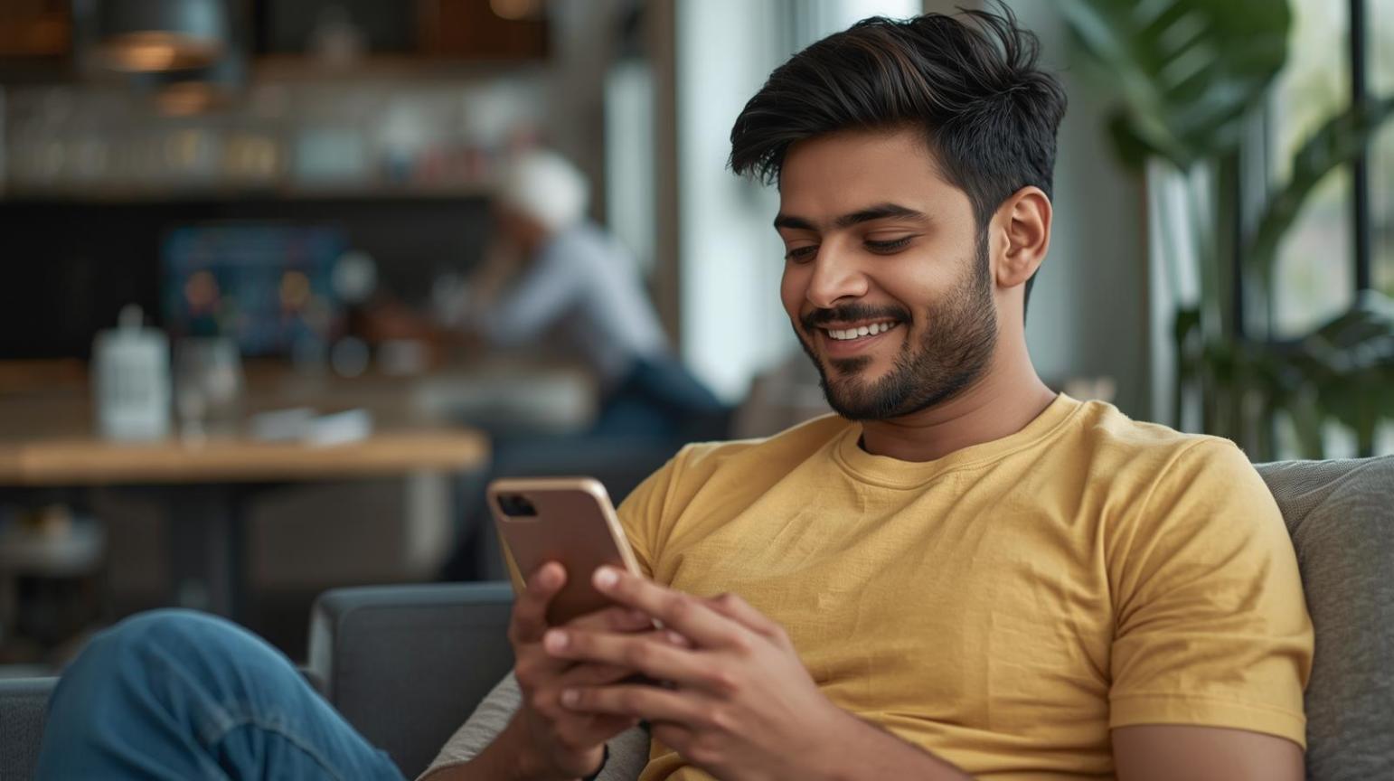 Focused gamer casually using smartphone, blending competitive gaming mindset with thoughtful digital wagering.