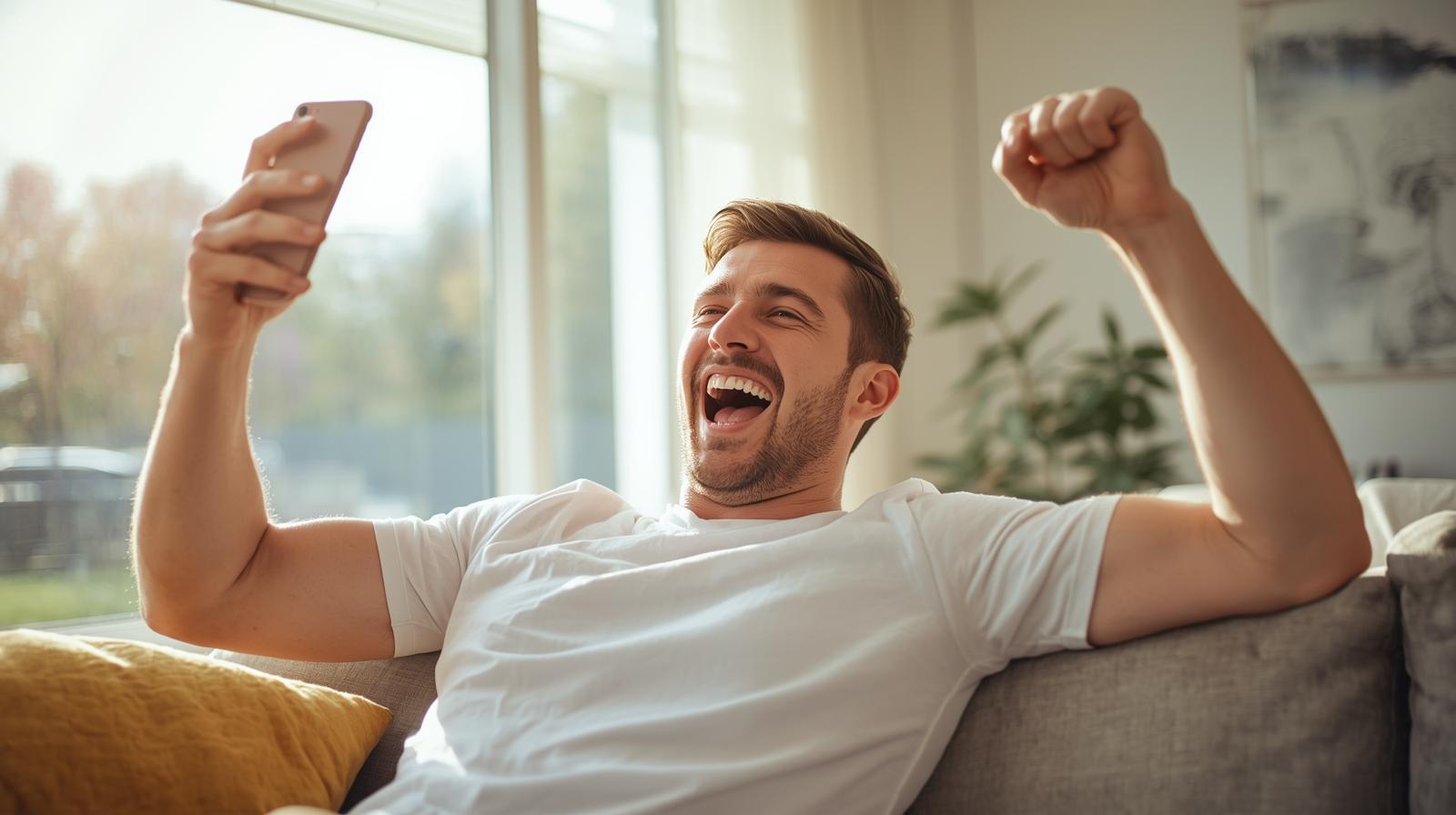 Man celebrating online lottery win at home using laptop with bright joyful expression.