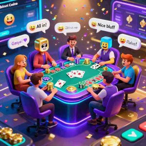 A group of players connected online, sharing a digital casino table, chat bubbles, glowing interface, multiplayer gaming environment, vibrant and social atmosphere