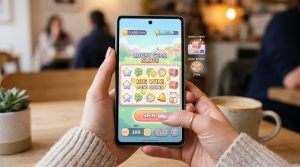 A mobile phone displaying a colorful casual casino game