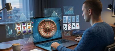 online casino interface showing slot reels, roulette, and digital playing cards with floating probability-style graphics and abstract random number patterns
